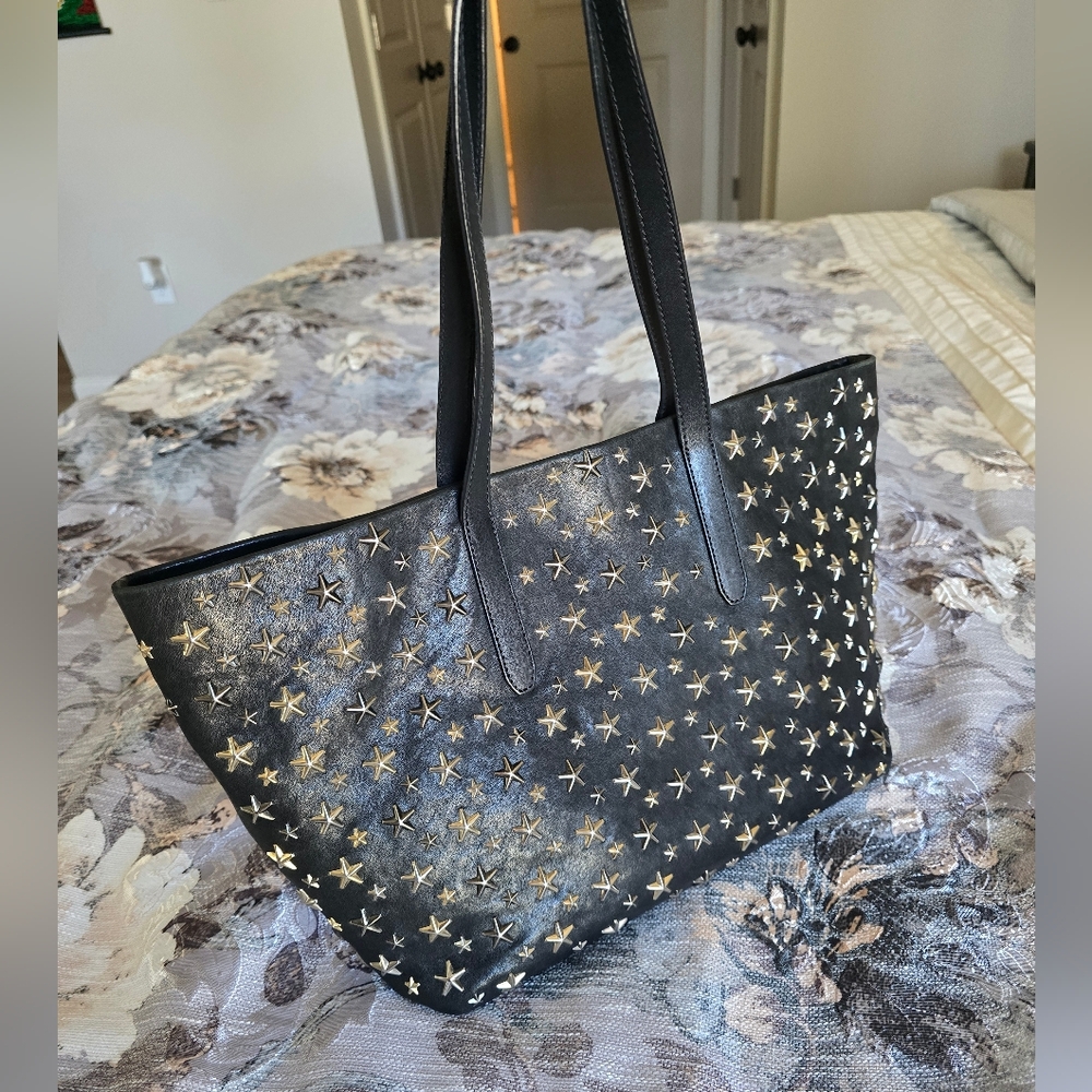 Jimmy Choo Black and Gold Star Neverfull Tote Bag